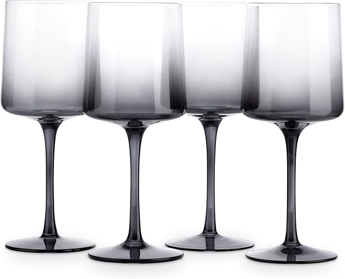 Navaris Gray Square Wine Glasses (Set of 4) - Smoke Color Wine Glasses with Stems - Glassware with Stem for Serving Wine, Cocktails, Beer, Dessert