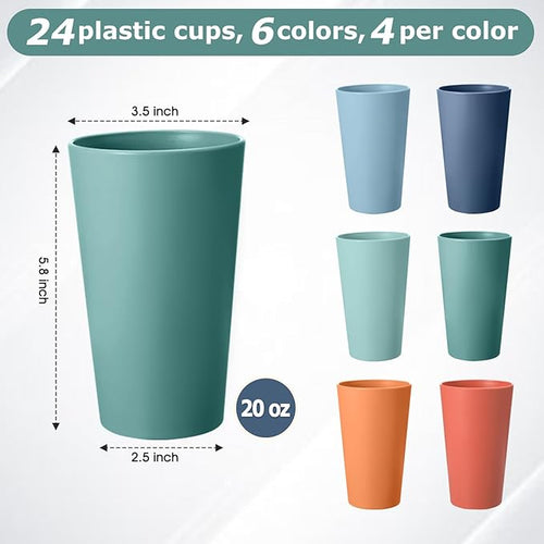 24 Pcs Unbreakable Plastic Cups Set, 20 oz Reusable Plastic Cups, Stackable Water Tumblers, Drinking Cup for Kitchen, Outdoor, BPA-free, Dishwasher Refrigerator and Microwave Safe (20 oz, 6 Colors)