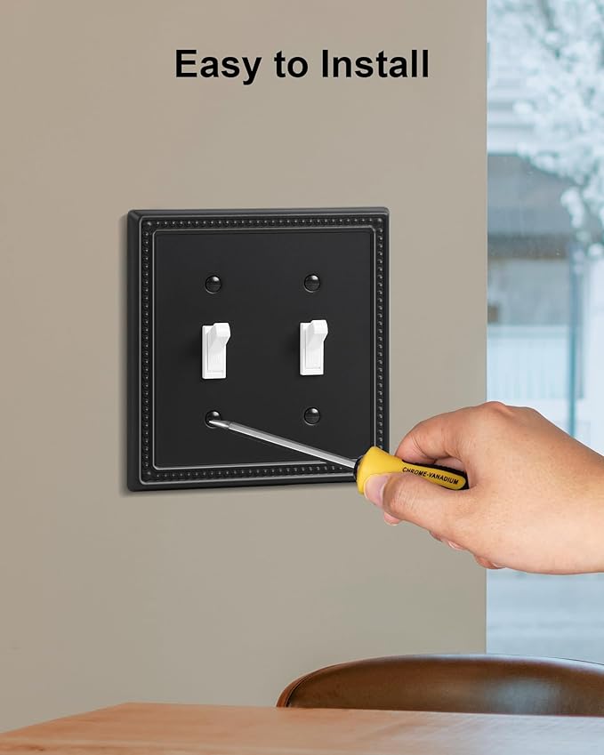 2-Pack Double Toggle Light Switch Cover Plate, Black Pearls Decorative Dual Switch Plate Covers, 2 Gang Metal Wall Plate, Corrosion Resistant