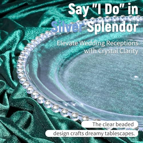 24 Pack Clear Charger Plates 13 Inch Acrylic Round Dinner Chargers with Silver Beaded Rim, Plastic Round Decorative Plates for Kitchen Wedding Party Home and Tabletop Decoration - Image 3