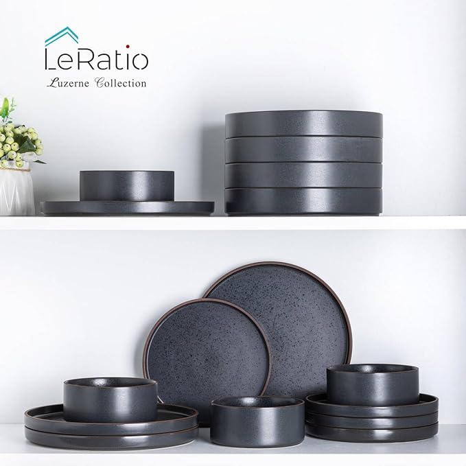 LERATIO Ceramic Dinnerware Sets for 8, High Edge Stoneware Plates and Bowls Set, Chip and Crack Resistant | Oven & Dishwasher & Microwave Safe Dishes Set, Service for 8 -Ashen