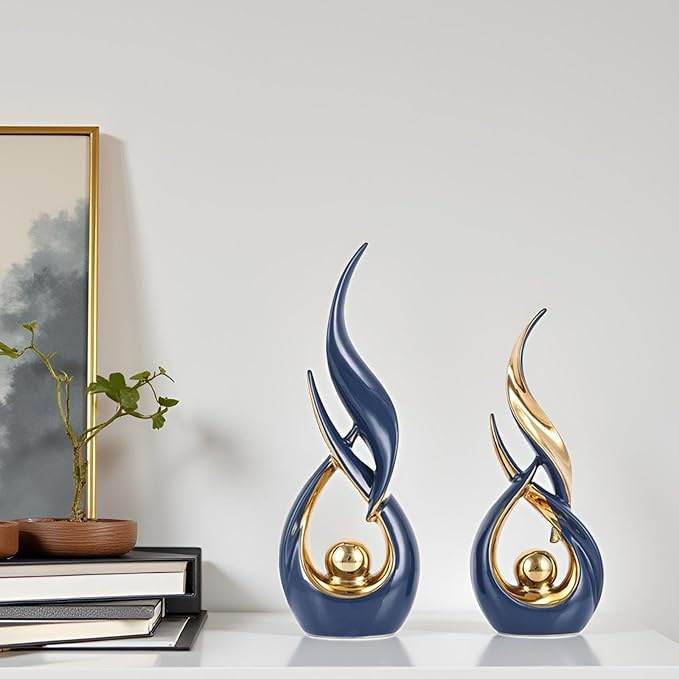 XMGZQ Gold Ceramic Abstract 2 Piece Statue Set,Mid Century Modern Abstract Art Home Decor Statue Mantelpiece on Unique Shelf Decor, TV Cabinet Divider Table top and Dining Table Centerpiece (Blue)