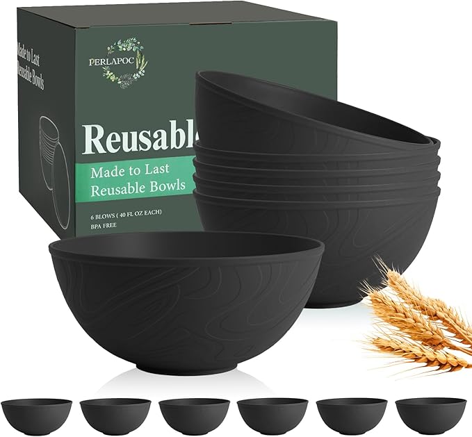 Unbreakable Cereal Bowls 40 OZ, Wheat Straw Bowls Set of 6, Anti Scald Extra Thick Soup Bowls, Reusable Plastic Bowl for Kitchen, Outdoor, Camping, RV, Black