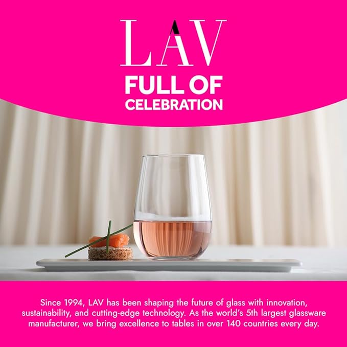 LAV Stemless Red & White Wine Glasses Tumbler Set of 4 - Drinking Glassware for Water Champagne Martini Mimosa Prosecco Cocktail Sangria - Short 16 oz No Stem Glasses Dishwasher Safe