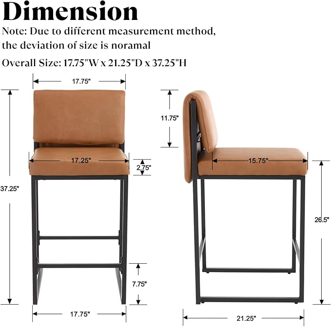 Modern Barstools Set of 2, 26” Upholstered Counter Height Bar Stools PU Leather Fabric Counter Stools with Padded Back Metal Frame for Kitchen Island Dining Room, Brown