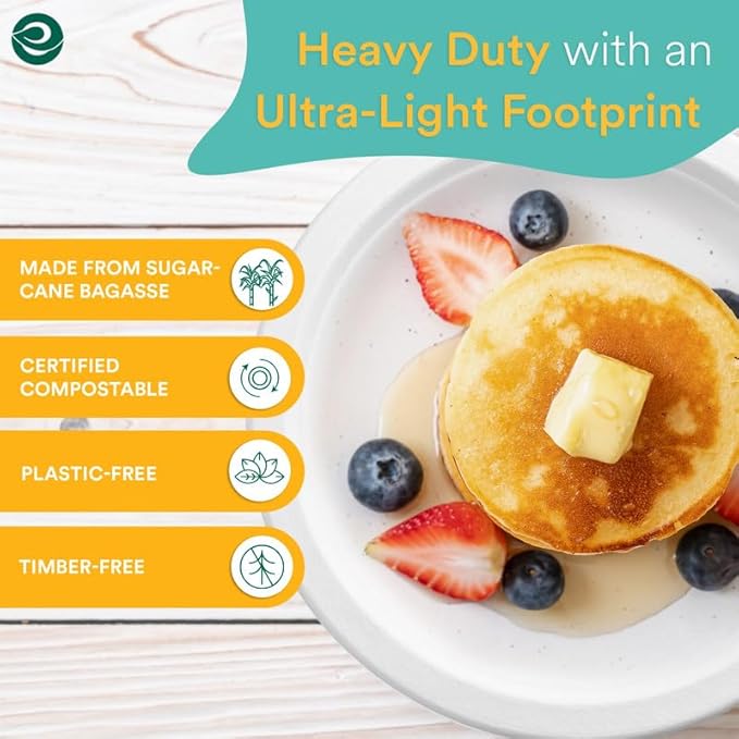 ECO SOUL 9 Inch Compostable Disposable Paper Plates [200 Pack] Food Safe 100% Virgin Bagasse Pulp Heavy Duty Biodegradable Microwave Safe Large Round Dinner Plate for Party, Picnic & BBQ (White)