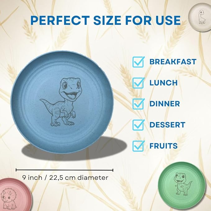Wheat Straw Plate Set for Toddlers with Dinosaur Patterns | 4 Engraved, Eco-Friendly Food Plates | Free Dinosaur Backpack Included | Dishwasher & Microwave Safe | Excellent Gift for Childrens