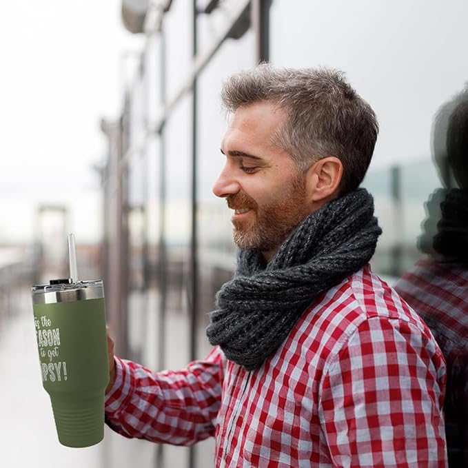 Tumbler Cups with Straw Tis The Season to Get Tipsy Christmas Xmas Coffee Tumbler with Lid Personalized Insulated Travel Mugs Engraved Stainless-Steel 40 Oz Forest Green Design Only
