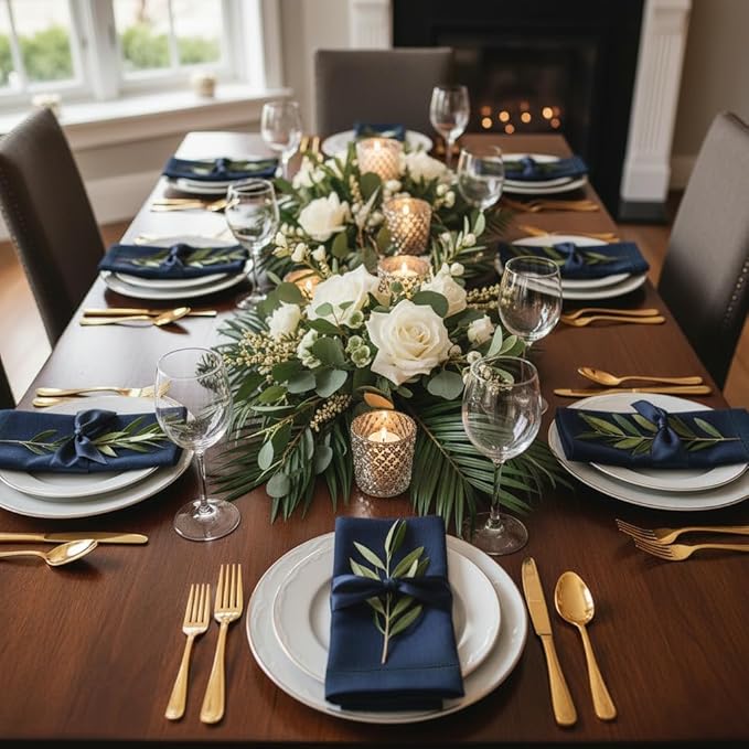 D'Moksha Homes Navy Blue Linen Napkins Set of 4 - Classic Hemstitch 100% Pure Linen Hemstitch Dinner Napkins 20 x 20 Inch for Easter - Handcrafted and Machine Washable