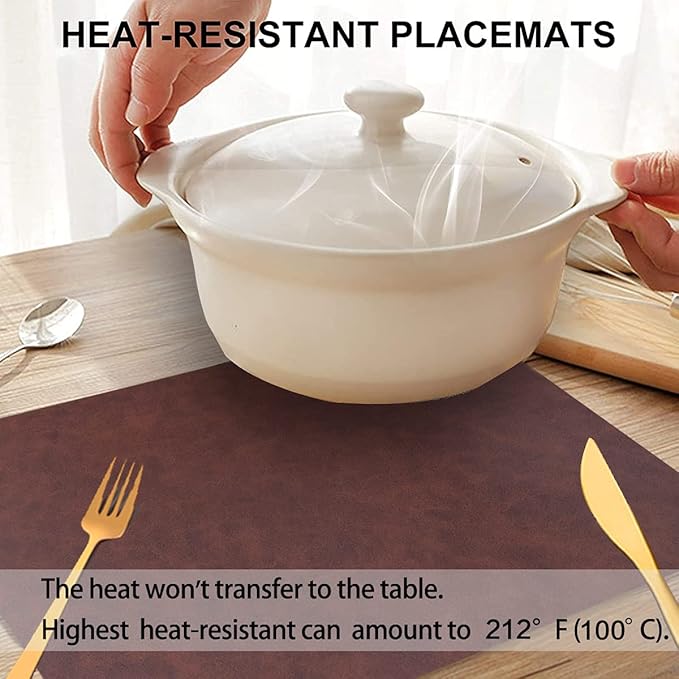 Reusable Faux Leather Eco-Friendly Placemats Set of 4,Wipeable Soft Place Mats,Waterproof&Oilproof Table Mats,Washable,Heat-Resistant,Non-Slip for Kitchen(Brown,4)