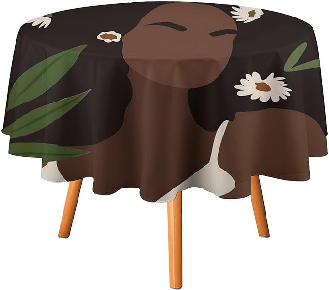 Bohemian Retro Mid Century Round Tablecloth, African Woman Girl Leaves Flower Tablecloth for Home Party Dining Room Kitchen Decor 50Inch(127cm)