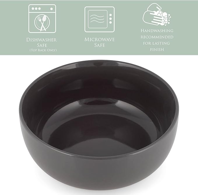 Elanze Designs Bistro Glossy Ceramic 6.5 inch Dinnerware Bowls Set of 4 - Perfect for Everyday uses from Soup, Pasta, Salad, Cereal, Ice cream, Ramen and Pho, Charcoal Grey