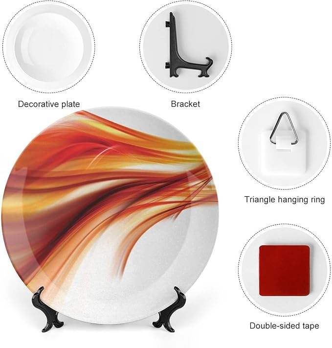 Ceramic Display Plate, Abstract Ceramic Hanging Decorative Plate, Modern Smooth Lines Blurred Smock Art, 6 Inch, Household Custom Ceramic Plate, Orange Red