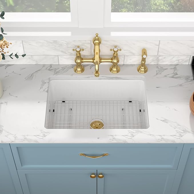 Sarlai 27 Inch White Undermount Sink 27x19 Inch White Kitchen Sink Dual Drop in & Undermount Kitchen Sinks Fireclay Single Bowl Deep Porcelain Ceramic Basin