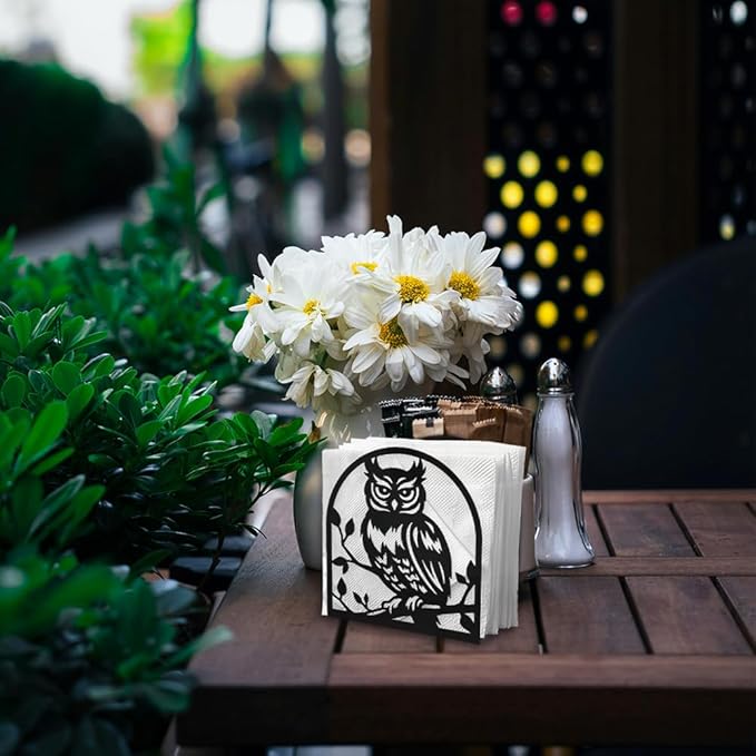 Owl Decorative Black Metal Napkin Holder for Table, 4.9" x 5.3" x 2" Animal Owl On The Branch Standing Napkin Holder for Home Kitchen Restaurant Picnic Party Coffee Bar Dining Room