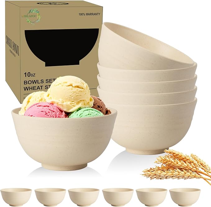 Wheat Straw Mini Bowls Set of 6, Unbreakable 10 OZ Dessert Bowls for Yogurt, Appetizers, Ice Cream, Plastic Bowls Microwave & Dishwasher Safe, Beige