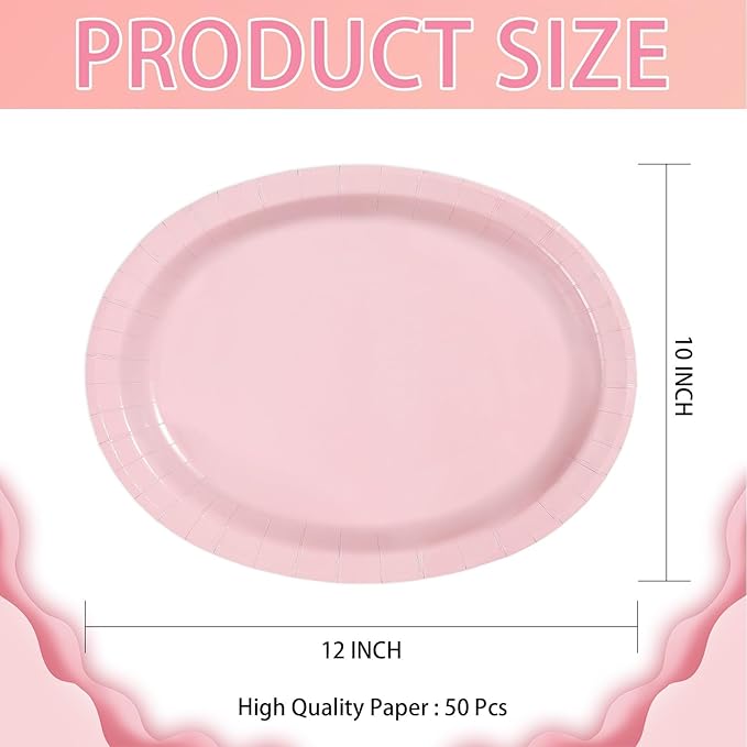 Grencian 50Pcs Pink Oval Paper Plates 10" x 12" Large Disposable 400GSM Heavy Duty Light Pink Paper Plates for Valentine's Day Girls Women Birthday Wedding Bridal Shower Baby Shower Party Supplies