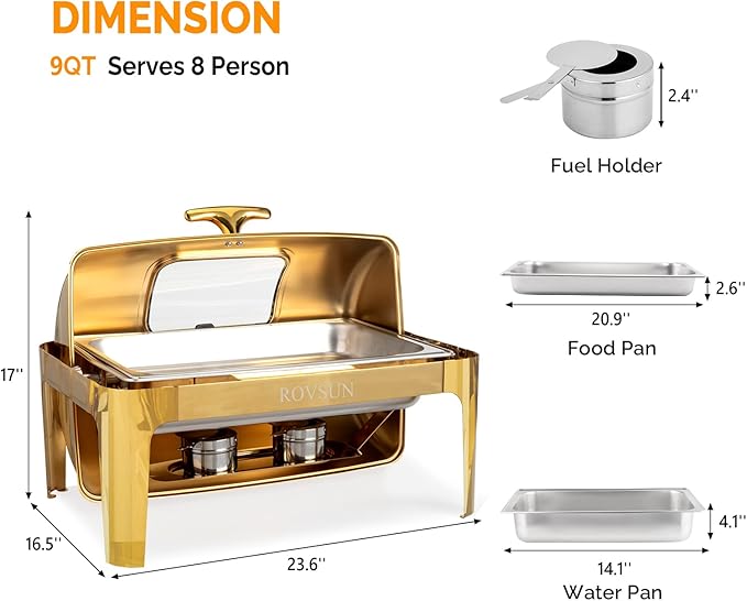 ROVSUN 9QT 3 Pack Roll Top Chafing Dish Buffet Set, Rectangular NSF Stainless Steel Buffet Warmer Chafers with Thick Frame for Catering Events Parties Weddings Dinners, Gold