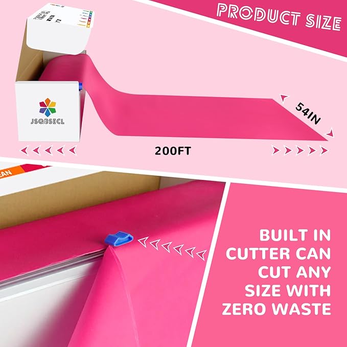 54 Inch X 200 Feet Plastic Table Cover Roll with Convenient Slide Cutter, Disposable Plastic Table Cloth Roll with Cut-to-Size Design for Weddings, Banquets, Parties (Fuchsia)