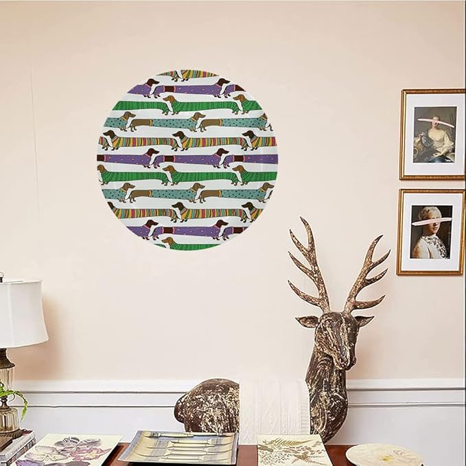 Ceramic Display Plate, Dog Lover Ceramic Hanging Decorative Plate, Cartoon Style Dachshunds Dressed in Pyjamas Chevron, 6 Inch, Household Custom Ceramic Plate, Multicolor