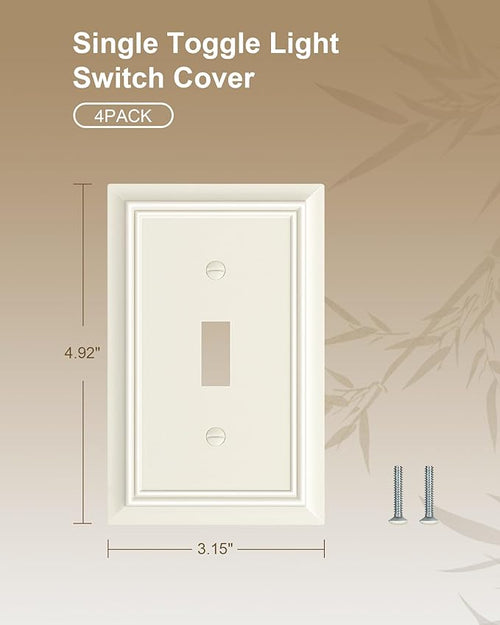 4-Pack Single Toggle Light Switch Cover Plate, Durable Natural Bamboo Fiber Decorative Switch Plate Covers, Light Almond 1 Gang Wall Plate, Corrosion Resistant