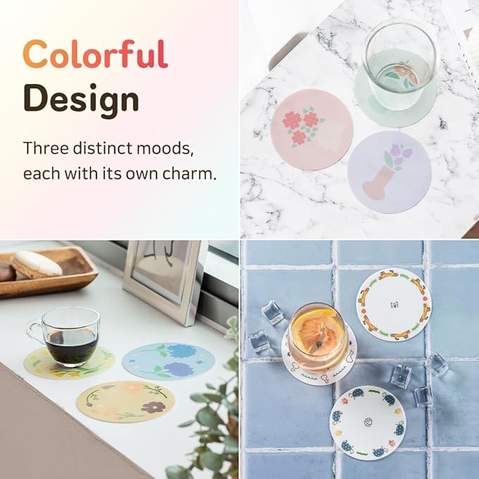 FLT Silicone Colorful Coaster Set of 3, Non-Slip Drink Mat, Cute and Unique Printed Design (Made in Korea) (White - Animal)