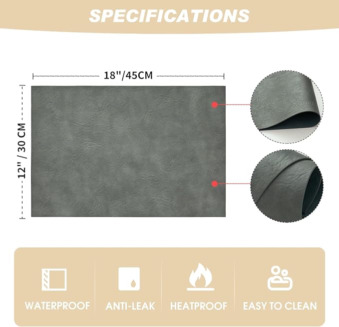 Artoid Mode Grey Faux Leather Placemats Set of 6, 12x18 Inch Waterproof Wipeable Heat Resistant Vinyl Place Mats, Reversible Table Mats for Winter Kitchen Dining Decor