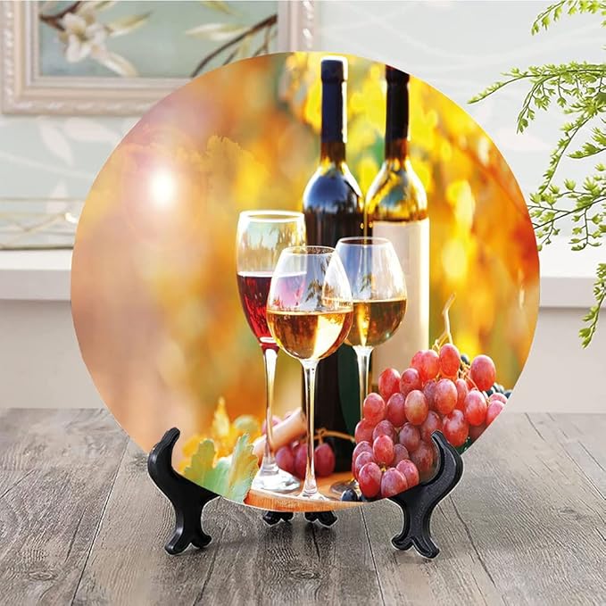 Ceramic Display Plate, Wine Ceramic Hanging Decorative Plate, Tasty Wine on Wooden Barrel on Grape Plantation, 8 Inch, Living Room Kitchen Decoration Household, Orange Red Black