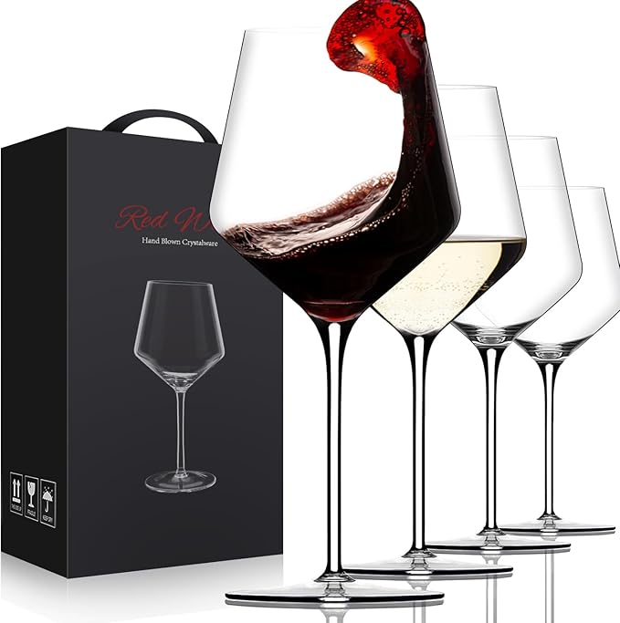 OJA Red Wine Glasses Set of 4-18oz, Crystal White Hand Blown Wine Glass with Long Stem, Ultra-thin, Dishwasher Safe, Gift for Daily Use, Party