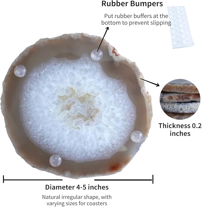 Natural Agate Slices Bulk Crystal Geode Coasters Set of 4 - Unique 4-5 Inch Cute Stone Drink Coasters with Rubber Bumpers - Natural Slices Geode for Home Decor, Coffee Table, Bar Accessories