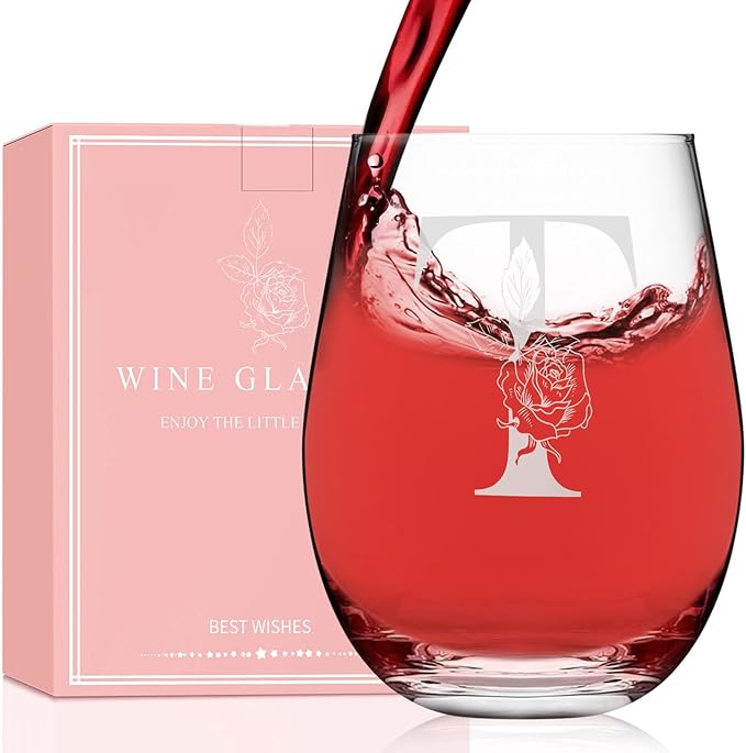Valentines Day Gifts for Her, Gifts for Women Her Friend Mom Grandma Wife Sister Bridesmaid Nurse, Birthday Galentines Mothers Day Christmas, Personalized Initial Customized Wine Glasses 18OZ(T)