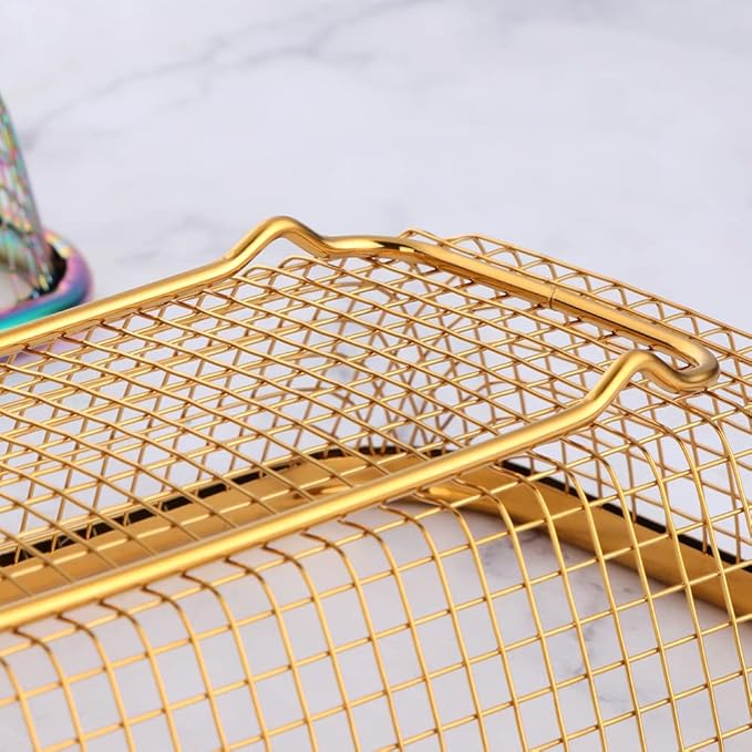 Silverware Drawer Organizer, Rainbow Mesh Kitchen Drawer Organizers, Iridescent Stackable Storage Basket Metal Utensil Holder for Flatware, 12.5"x5"x2.5", Pack of 2