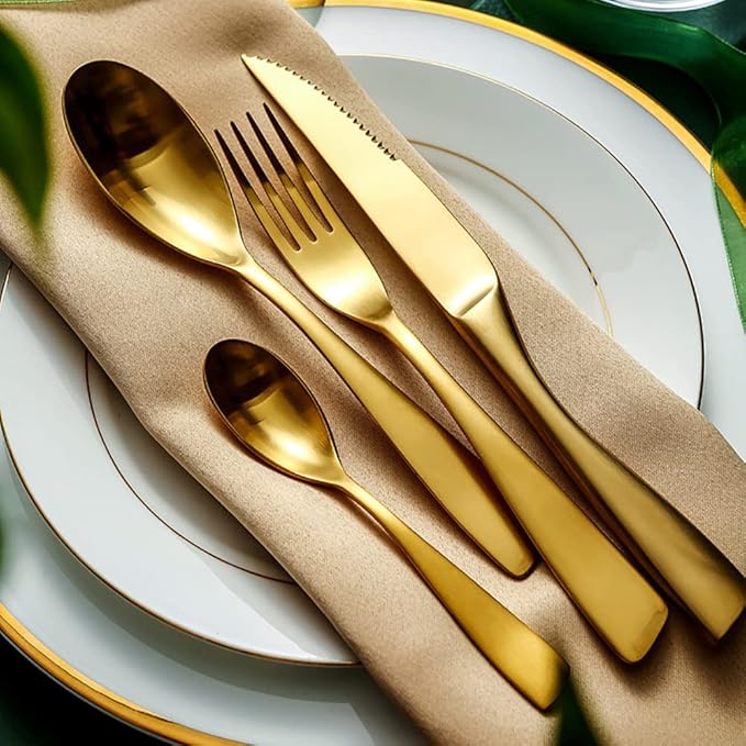 32 Piece Gold Silverware Set for 8,Modern Unique 18/10 Stainless Steel Flatware Cutlery Set, Eating Tableware Set,Vintage Luxury Style Cutlery Set for Home Restaurant Wedding Party