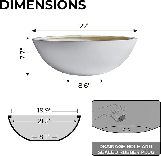 7.7" H x 22" D Round Bowl Fiberstone Planter for Succulent and Lotus with Drainage Hole, Smooth Finishes, Weather Resistant, Included 2 Extra Coco Mats (White, 19.9" Pot Opening)