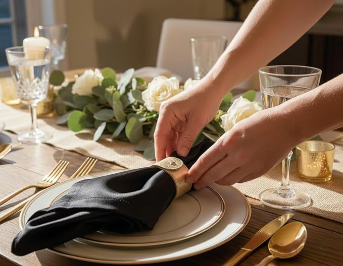 Luxury Leather Napkin Rings Set of 8, Gold, Morgan Faux Style, Modern Cuff Design for Wedding Party Decorations, Kitchen, Holiday Table,Rust Proof,Hotel, Home, Table Accessories, Dining