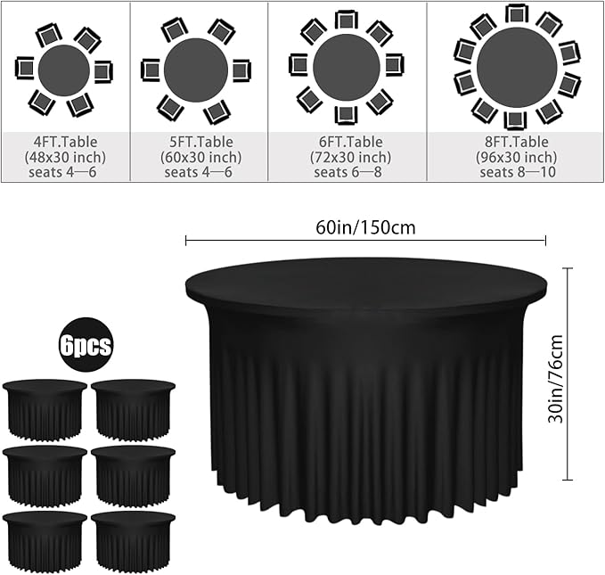 6-Pack 60" Diameter x 30" Height Black Round Table Skirts for 5FT Tables | Wrinkle & Stain Resistant Polyester Spandex Tablecloths with Elastic Fit | Ideal for Weddings, Parties, Banquets, Dining
