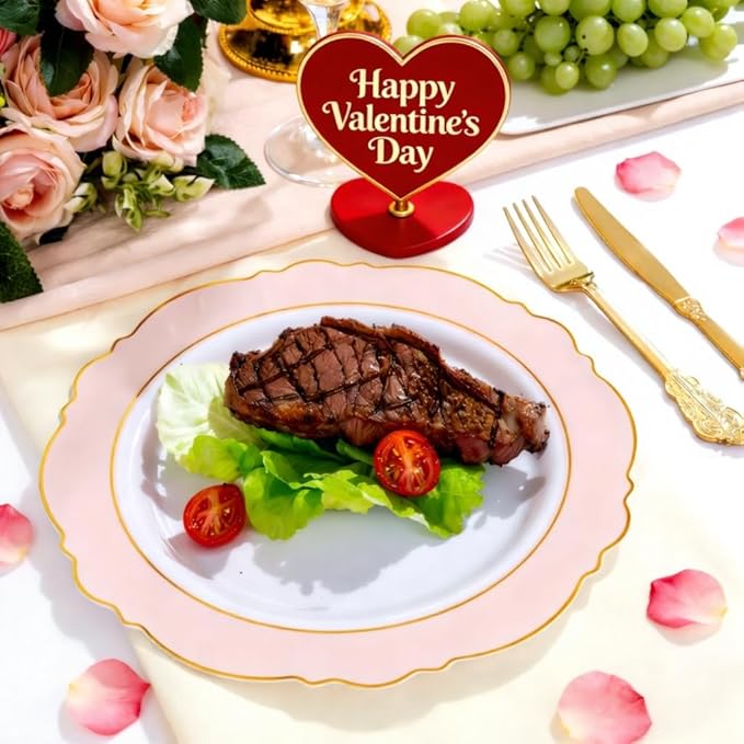 WDF 60pcs Pink Plastic Plates - 10.25inch Baroque Pink And Gold Disposable Dinner Plates for Upscale Parties -Special for Valentine's Party, Wedding, Birthdays