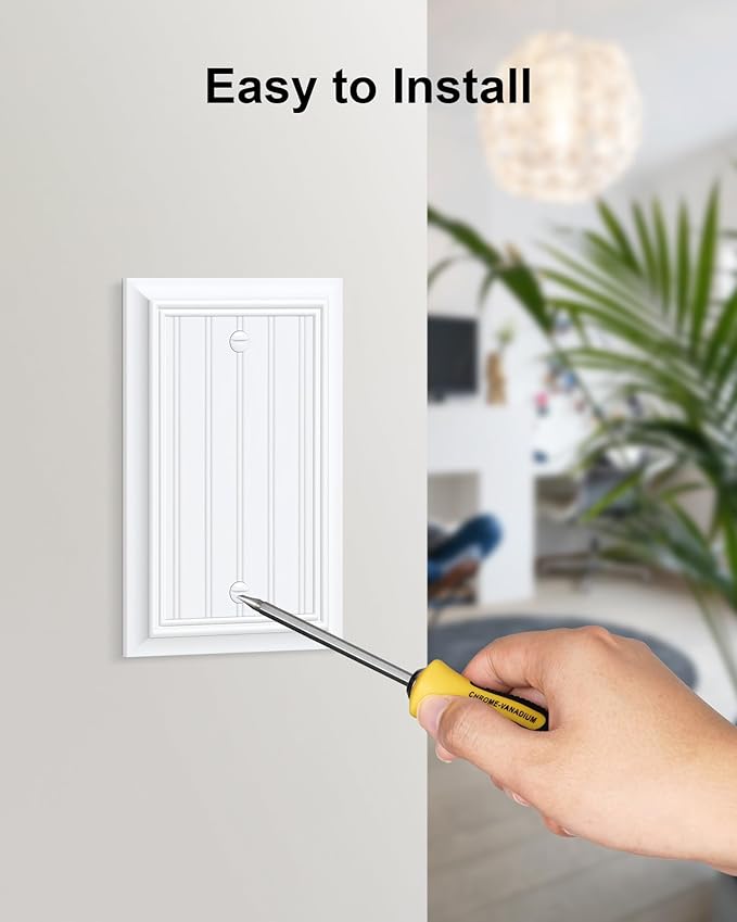 2-Pack Classic Beadboard Single Blank Wall Plate, Durable Natural Bamboo Fiber Wall Plate Cover,Pure White 1 Gang Wall Plate for Unused Outlets/Switches, Corrosion Resistant