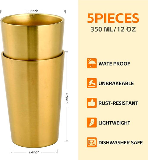 5 Pack 12 oz Stainless Steel Insulated Cup, Double Wall Vacuum Small Metal Cup, Reusable Camping Cups Unbreakable Indoor Outdoor for Party, Home, Office, BBQ, Gold