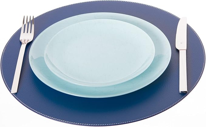 Nikalaz Round Placemats Set (Pack of 4) Recycled Leather Table Mats 15 inches, Kitchen Dining Table Decor by Nikalaz (Blue)