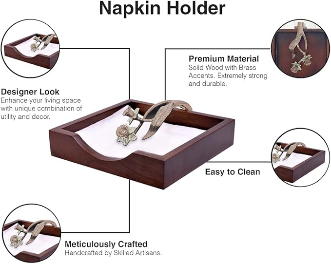 Napkin Holder - Solid Wood Brown Finish Home Decor & Kitchen Decor Table Countertop Serviette & Tissue Holder with Metal Ornament Arm in Rose Gold Finish - Indoor and Outdoor Use - Floral Design