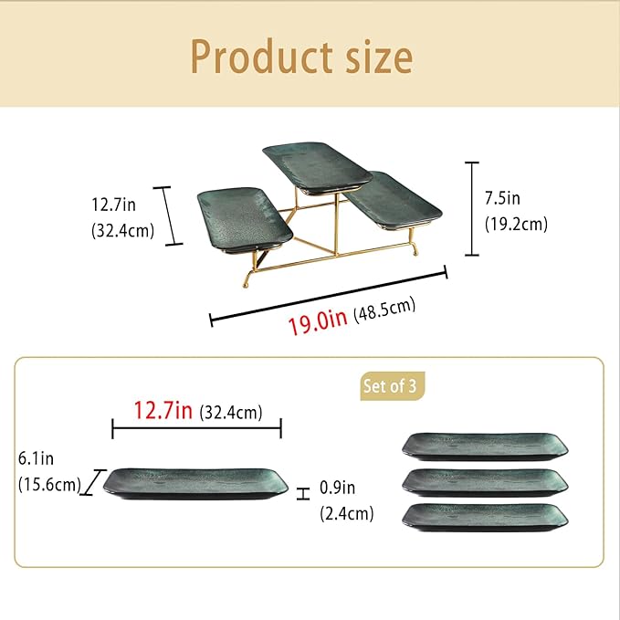 3 Tier Serving Trays for Party, 12.7 Inch Porcelain Serving Platters and Tiered Trays, Foldable Sturdy Gold Stand, for Food Display, Fruit, Cake Dessert, Decoration Entertaining, Dark Blue