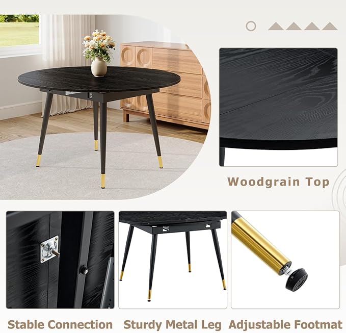 Extendable Dining Room Table｜53” Round Dining Table for 4-6｜Black Wooden Tabletop with Metal Legs｜Stable and Sturdy｜Easy Transform｜Easy Assembly｜Space Saving｜for Kitchen, Living Room