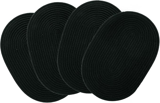 Braided Placemats Set of 4 Cotton Fabric Oval Table Mats Non Slip Washable 16 * 12 inch Oval Place Mats, 4 Pack Black Rope Woven Placemats