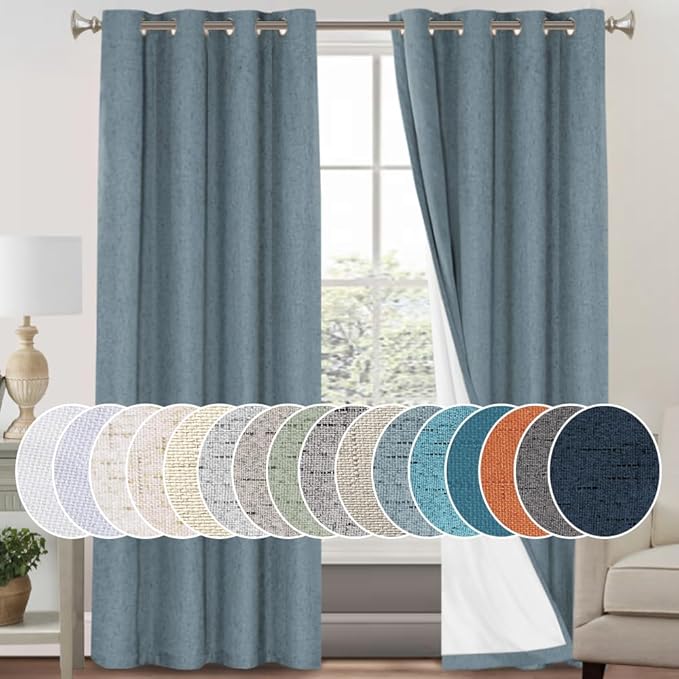 PrinceDeco 100% Blackout Linen Textured Curtains for Living Room Black Out Curtains 96 Inch Long 2 Panels Set Grommet Room Darkening Curtains & Drapes Boho Home Decor for Bedroom,52 X 96In,Stone Blue