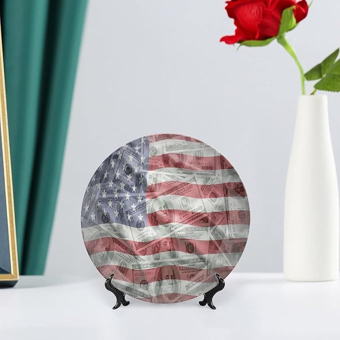 Ceramic Display Plate, American Flag Ceramic Hanging Decorative Plate, Dolar Exchange, 7 Inch, Living Room Kitchen Decoration Household, Multicolor
