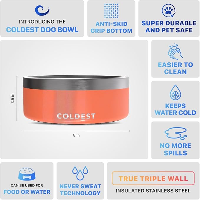 Coldest Dog Bowl - Anti Rust Metal, Non Slip, 3 Layers Insulated Stainless Steel Dog Bowls - Spill Proof & Heavy Duty - Water Bowl for Dogs, Cats & Pets, Dish Washer Safe (64 oz,Candy Red Glitter)