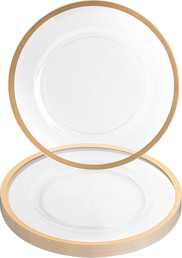 PARTY BARGAINS 13-Inch Charger Plates - 8 Pack, Clear Gold Rim, Heavy-Duty Disposable Chargers for Elegant Dining - Ideal for Weddings and Formal Events