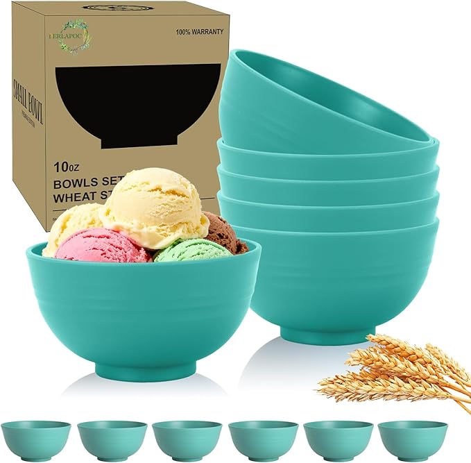 Wheat Straw Bowls 10 OZ, Unbreakable Ice Cream Bowls Set of 6, Reusable Mini Bowls for Salad, Cereal, Soup, Microwave & Dishwasher Safe Fruit Bowl for Indoor & Outdoor, Green