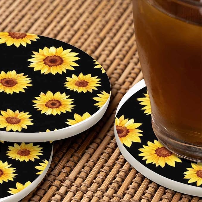 Sunflowers Cup Coasters Set of 2 Chamomile Cornflowers On Black Beautiful Watercolor Floral Wooden Table Apartment Decor 100% Diatomite for Drinking Glasses,4 Inches